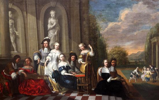 17th century Flemish School A musical gathering on a terrace, figures in gardens beyond 20.5 x 32.5in.